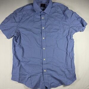 UNTUCKit Mens Large Slim Fit Short Sleeve Gingham Button Down Shirt Blue